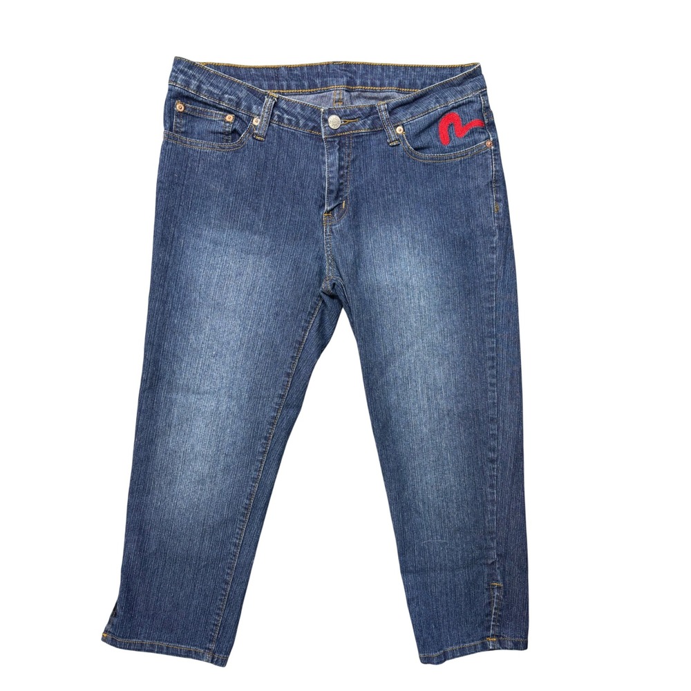 Evisu Jeans 9/10 Heritage Blue Maneki Neko Lucky Cat Embroidered Cropped Jeans